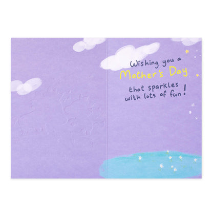 Hallmark Mother's Day Card - Magical Mummy, open view, pastel purple interior, whimsical clouds and sparkly message decorating the inside.