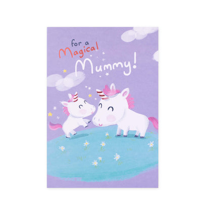 Hallmark Mother's Day Card - Magical Mummy with pink foil highlights, featuring unicorn illustrations on a purple background.