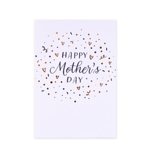 Hallmark Mother's Day Card - Confetti & Love Hearts featuring rose gold foil accents and playful confetti illustrations.
