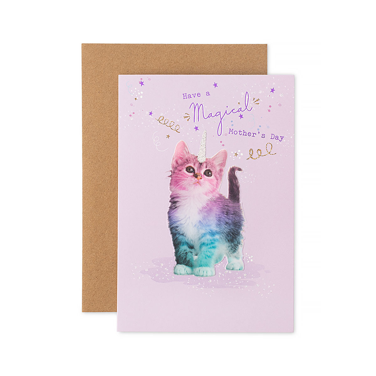 Hallmark Mother's Day Card - Have a magical Mother's Day with a unicorn kitten design, flat lay view with kraft envelope.