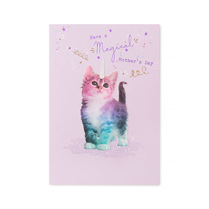 Hallmark Mother's Day Card - Have a magical Mother's Day featuring an embossed unicorn kitten on a pastel pink background.