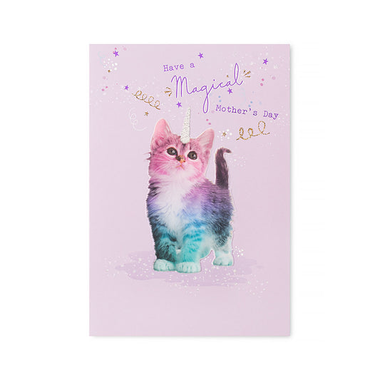 Hallmark Mother's Day Card - Have a magical Mother's Day featuring an embossed unicorn kitten on a pastel pink background.