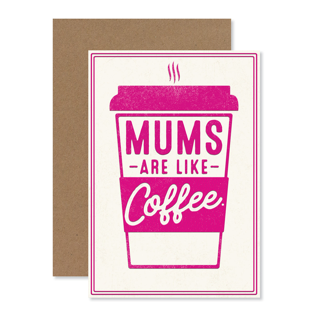 Hallmark Mother's Day Card - MUMS are like coffee with hot pink embossed print and kraft envelope, flat lay view.