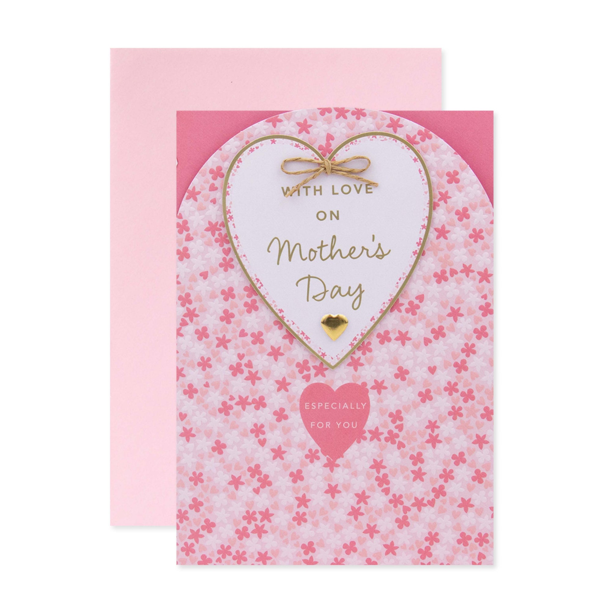Hallmark Mother's Day Card - With love on Mother's Day featuring pink floral design, gold foil text, and 3D heart attachment.