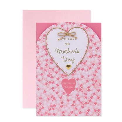 Hallmark Mother's Day Card - With love on Mother's Day featuring pink floral design, gold foil text, and 3D heart attachment.