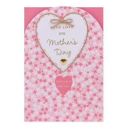Hallmark Mother's Day Card - With love on Mother's Day with pink floral design and gold foil text in a flat lay view.