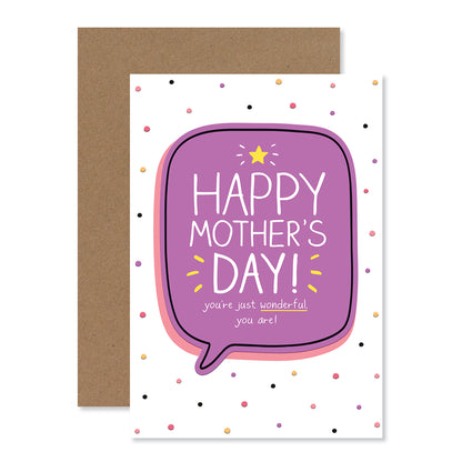 Hallmark Mother's Day Card - Happy Jackson with colourful design, featuring embossed spots and kraft envelope in the background.