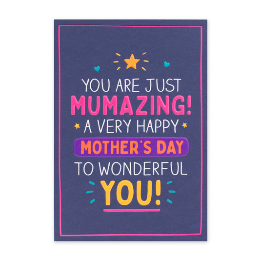 Hallmark Happy Jackson Mother's Day Card - Mumazing! features vibrant neon lettering on a navy background with colourful icons.