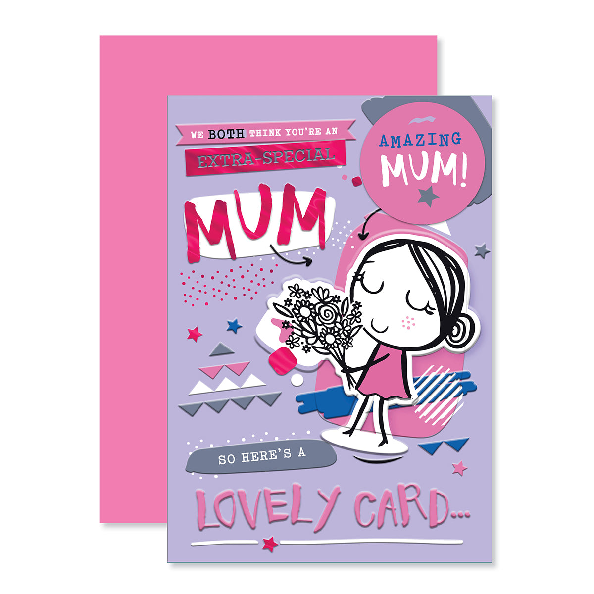 Hallmark Mother's Day Card - Amazing Mum from both with pink colour, featuring a cute illustration of a girl holding flowers.