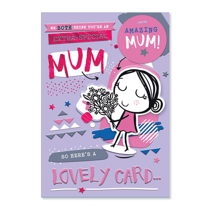 Hallmark Mother's Day Card - Amazing Mum from both features a colourful design with a cute illustration and pink foil highlights.