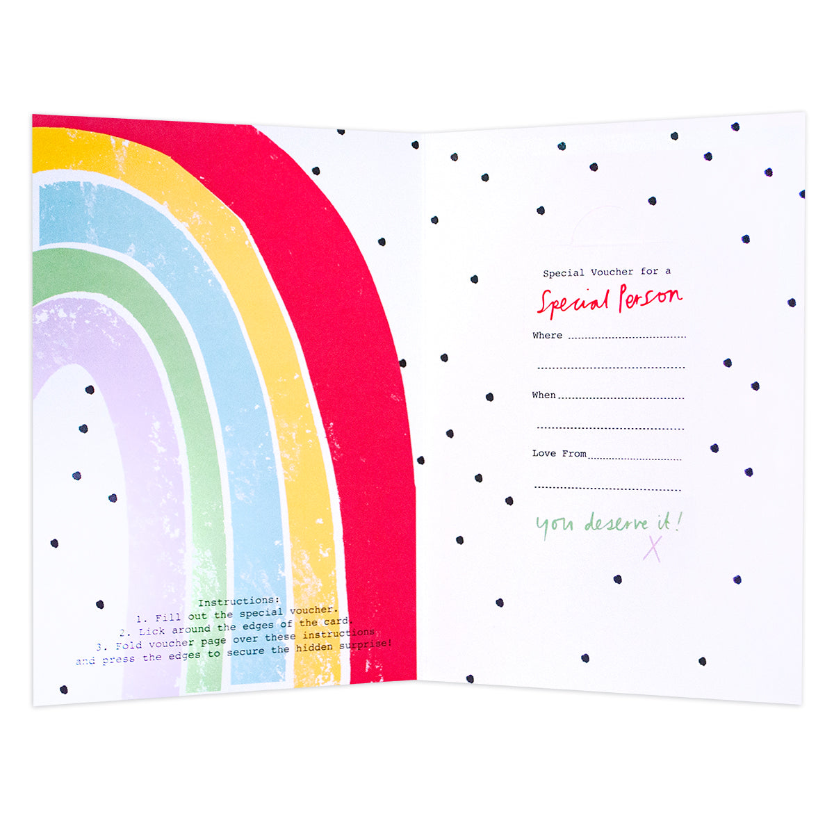 Hallmark Mother's Day Card - Create Your Own Treat Voucher with an inner illustration of a rainbow, gift voucher details, and black dot accents.