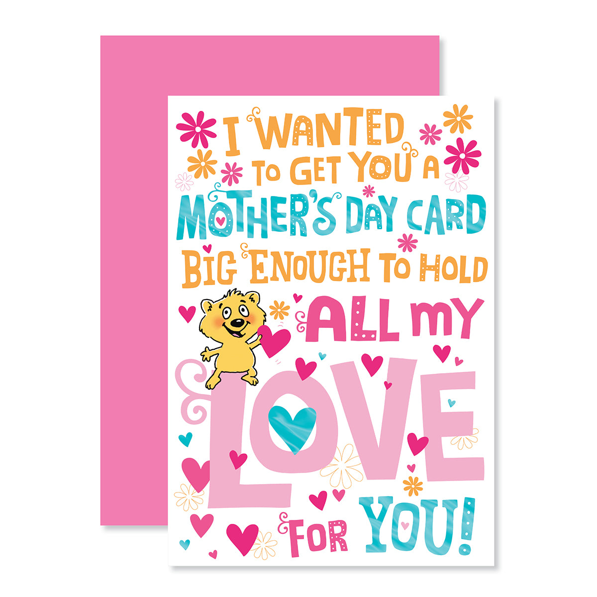 Hallmark Mother's Day Card - Big love! features colourful text and a cheerful bear illustration on a white background with a pink envelope.