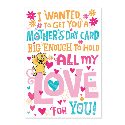 Hallmark Mother's Day Card - Big love! featuring colourful text and cute character design, angled view of card front.