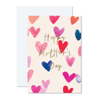Hallmark Mother's Day Card - Happy Mother's Day Hearts featuring gold foil text and colourful watercolour hearts in a flat lay view.