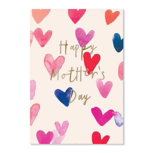 Hallmark Mother's Day Card - Happy Mother's Day Hearts features gold foil text with a pattern of colourful watercolour hearts.