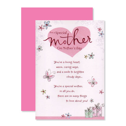 Hallmark Mother's Day Card - For a special Mother on Mother's Day with pink foil accents and floral details, flat lay view.
