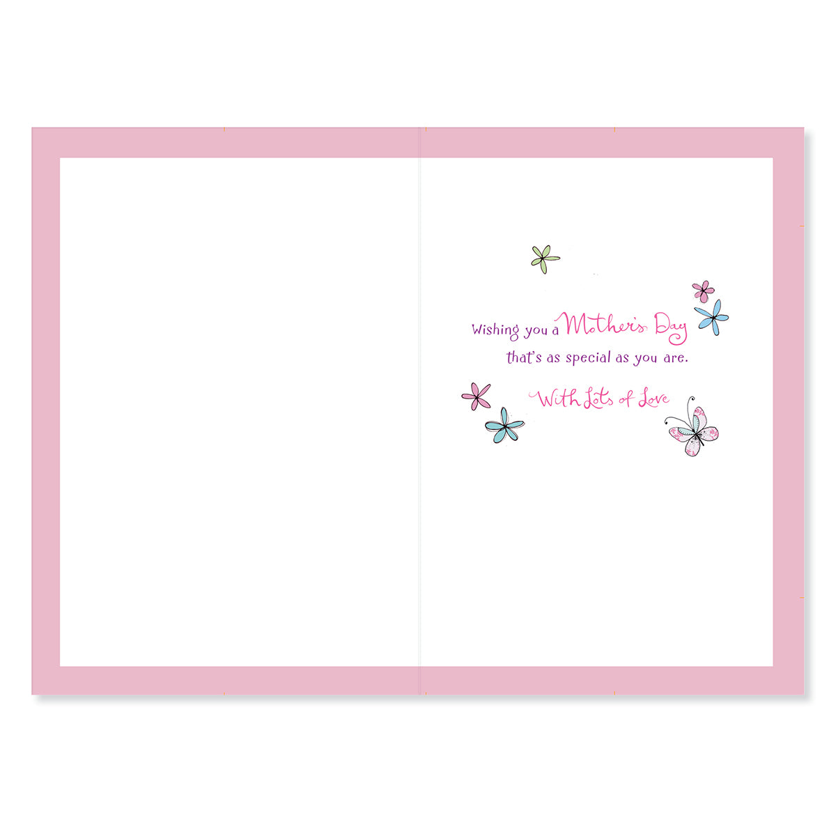 Hallmark Mother's Day card - For a special Mother on Mother's Day, inside view, pink border, floral illustrations, heartfelt message.