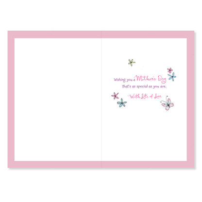 Hallmark Mother's Day card - For a special Mother on Mother's Day, inside view, pink border, floral illustrations, heartfelt message.