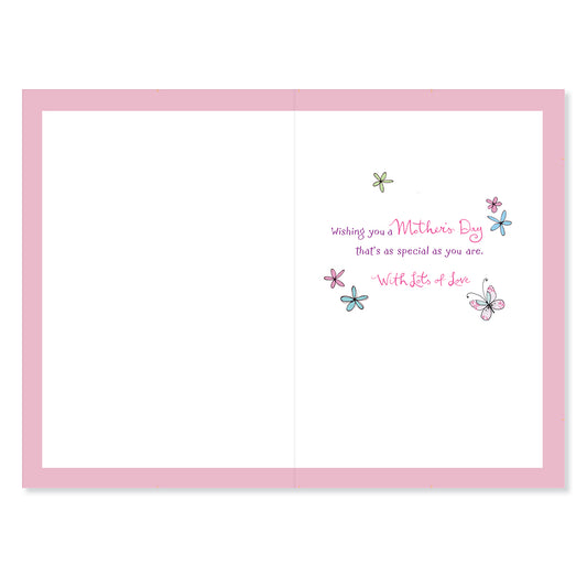 Hallmark Mother's Day card - For a special Mother on Mother's Day, inside view, pink border, floral illustrations, heartfelt message.