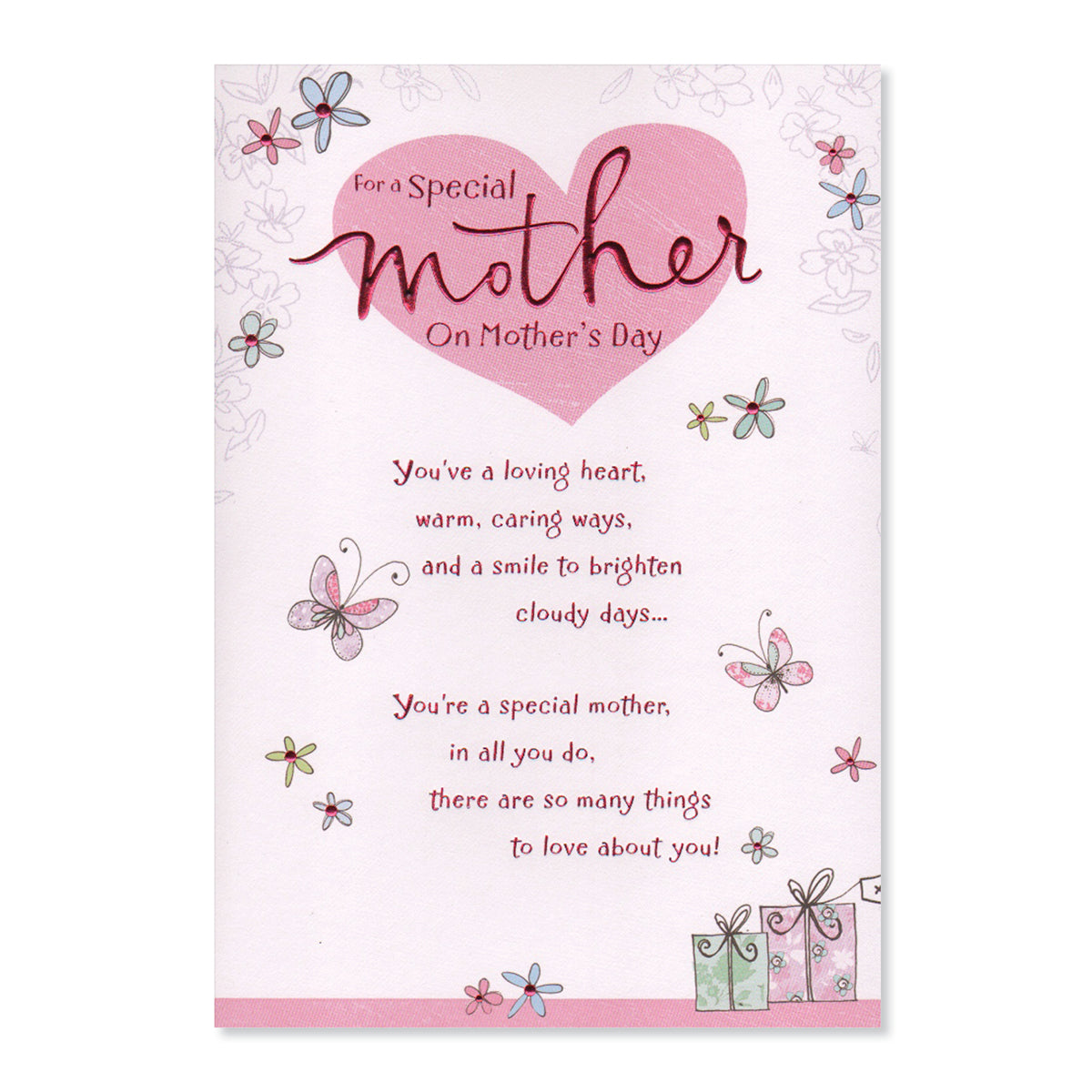 Hallmark Mother's Day Card - For a special Mother on Mother's Day featuring pink foil text and floral illustrations.