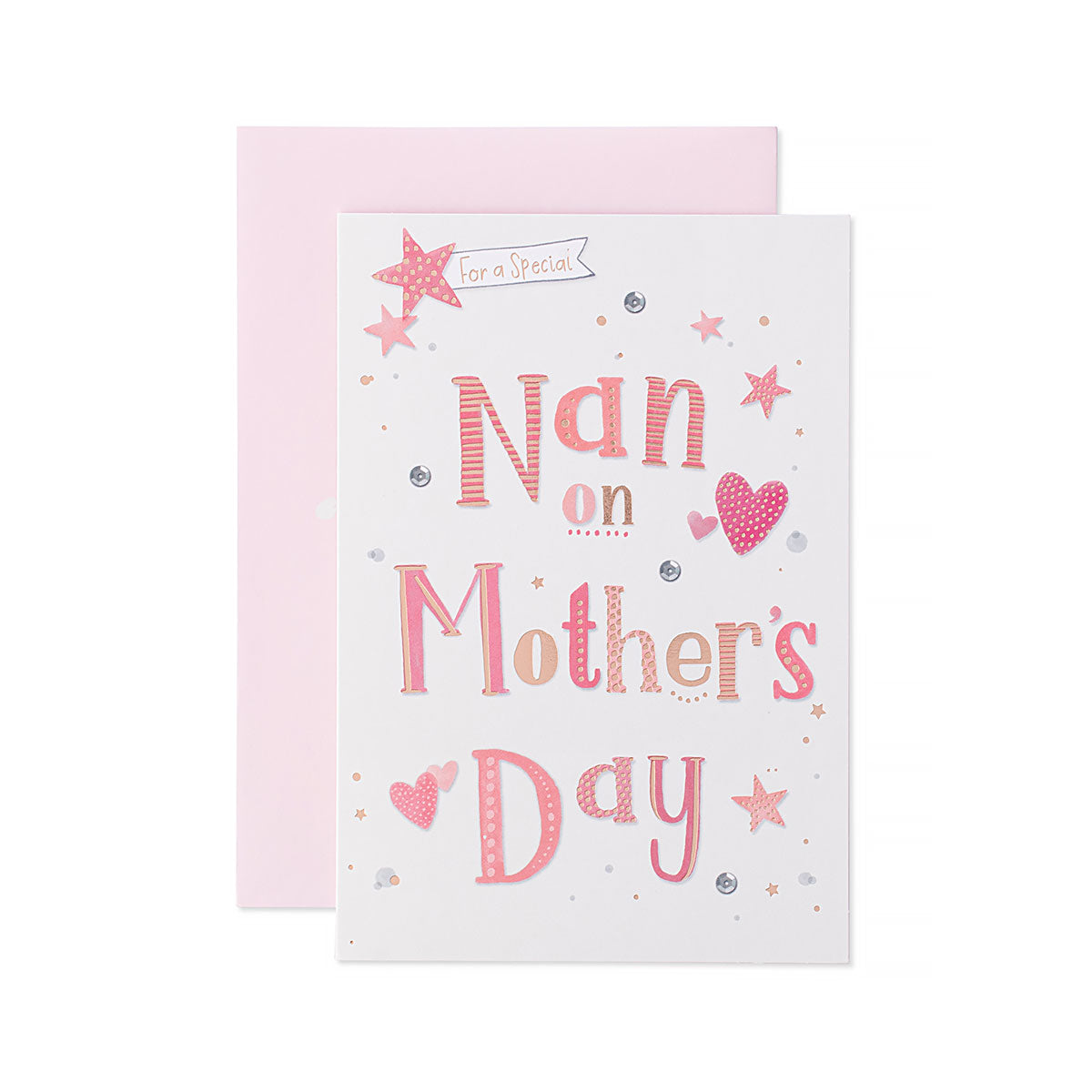 Hallmark Mother's Day card - For a special Nan on Mother's Day, features pink and sparkly typography with gold foil details, flat lay.