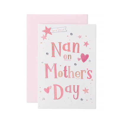 Hallmark Mother's Day card - For a special Nan on Mother's Day, features pink and sparkly typography with gold foil details, flat lay.