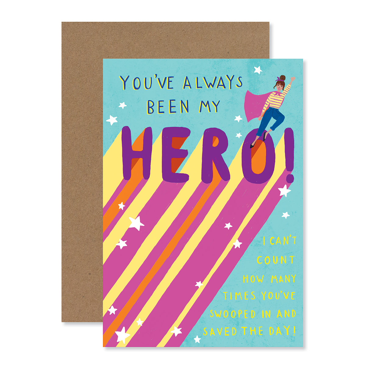 Hallmark Mother's Day Card - You've always been my hero! featuring bright colours, neon ink, and playful superhero illustration.