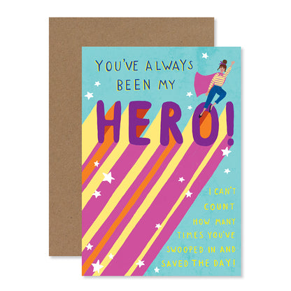 Hallmark Mother's Day Card - You've always been my hero! featuring bright colours, neon ink, and playful superhero illustration.