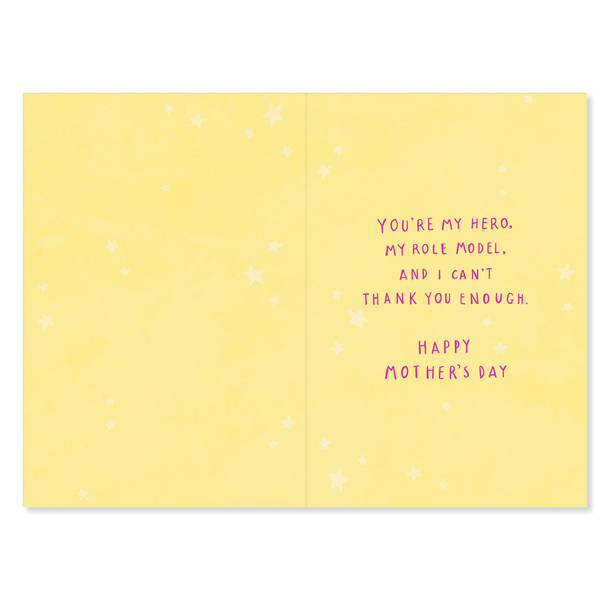 Hallmark Mother's Day Card - You've always been my hero! inside view featuring heartfelt message on yellow background with stars.