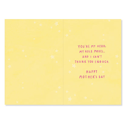 Hallmark Mother's Day Card - You've always been my hero! inside view featuring heartfelt message on yellow background with stars.