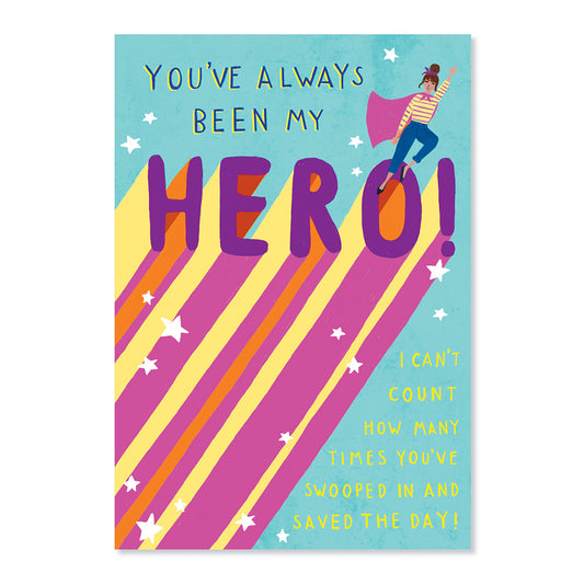 Hallmark Mother's Day Card - You've always been my hero! featuring bright colours and playful design with superhero illustration.