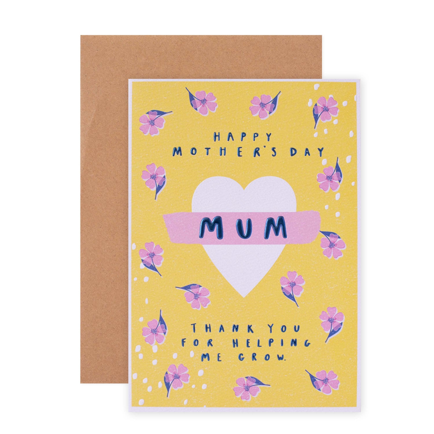 Hallmark Mother's Day Card - Helping Me Grow, yellow with textured paper and floral illustrations, front cover design.