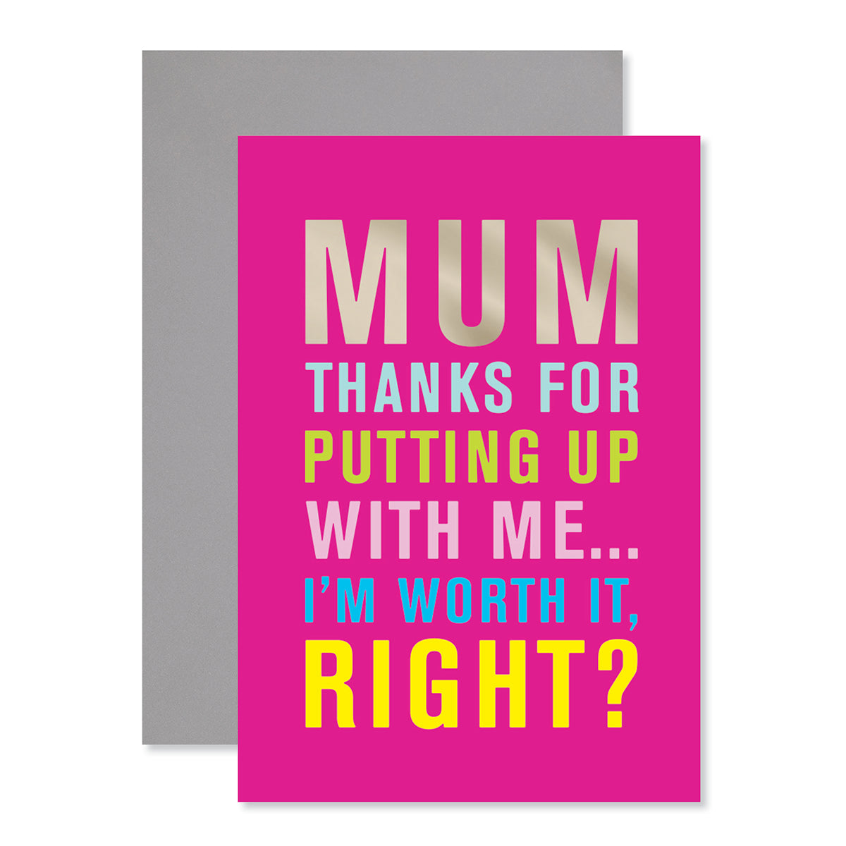 Hallmark Mother's Day Card - Thanks for putting up with me, vibrant pink design with silver foil lettering, includes grey envelope.