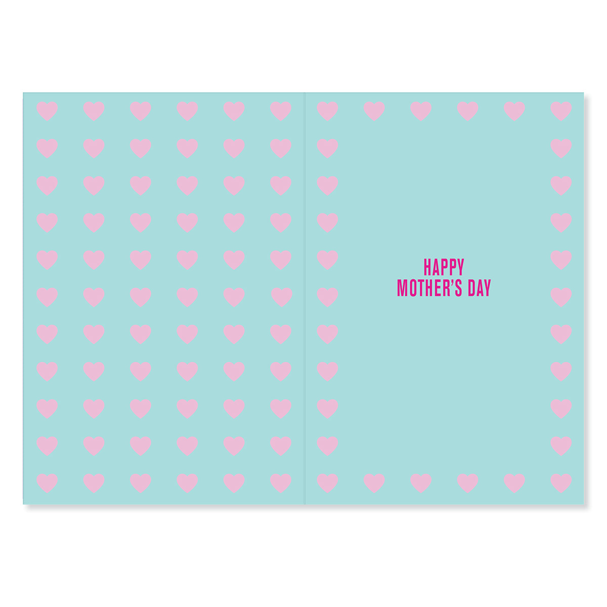 Hallmark Mother's Day Card - Thanks for putting up with me, open view showcasing pink hearts on blue background, message inside.