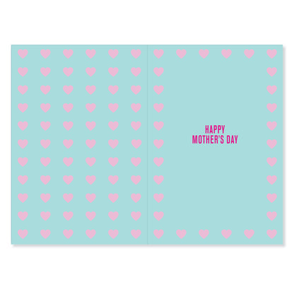 Hallmark Mother's Day Card - Thanks for putting up with me, open view showcasing pink hearts on blue background, message inside.