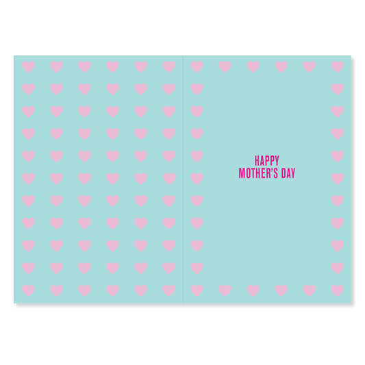 Hallmark Mother's Day Card - Thanks for putting up with me, open view showcasing pink hearts on blue background, message inside.
