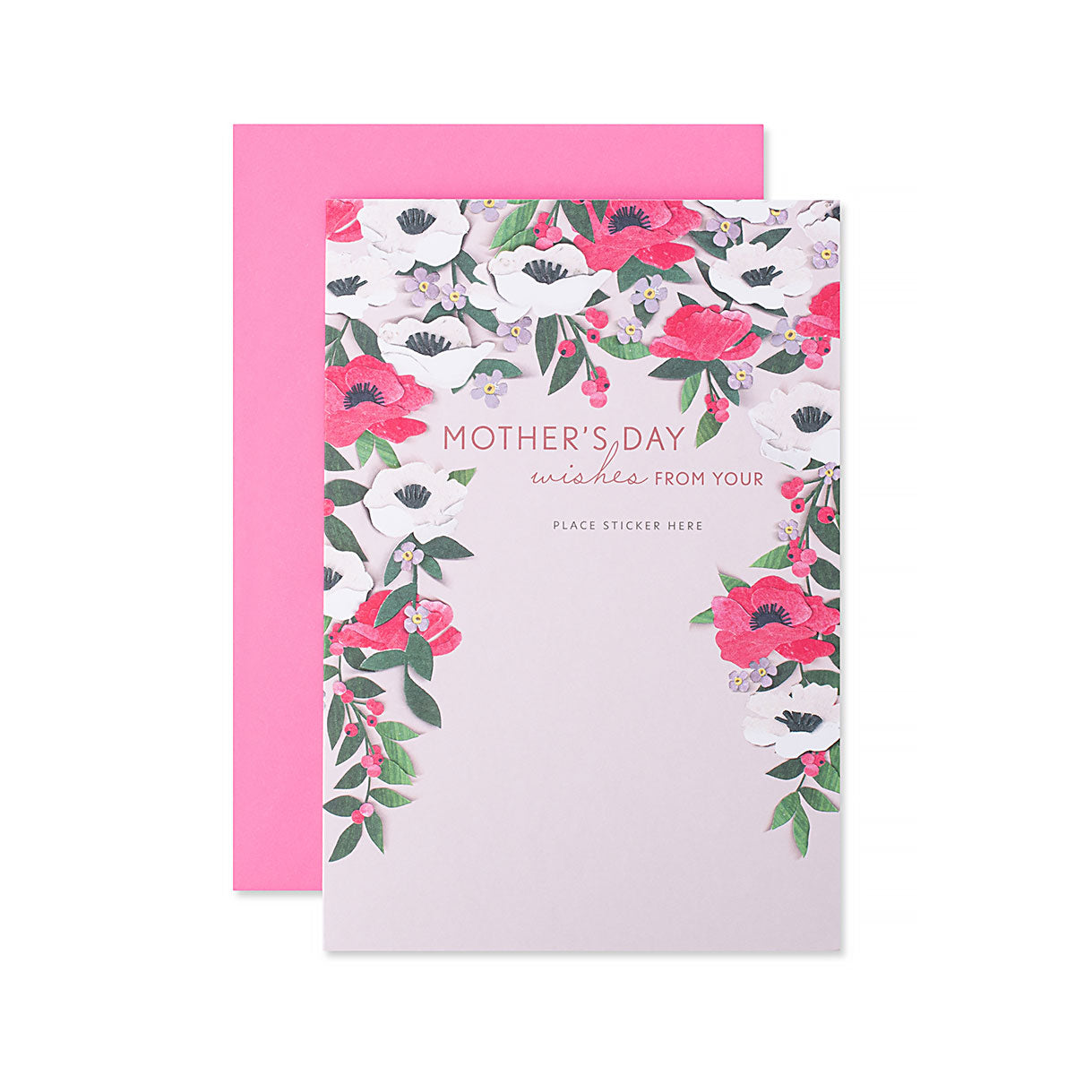 Hallmark Mother's Day Card - Personalise it with stickers included, floral design with pink envelope, flat lay view.