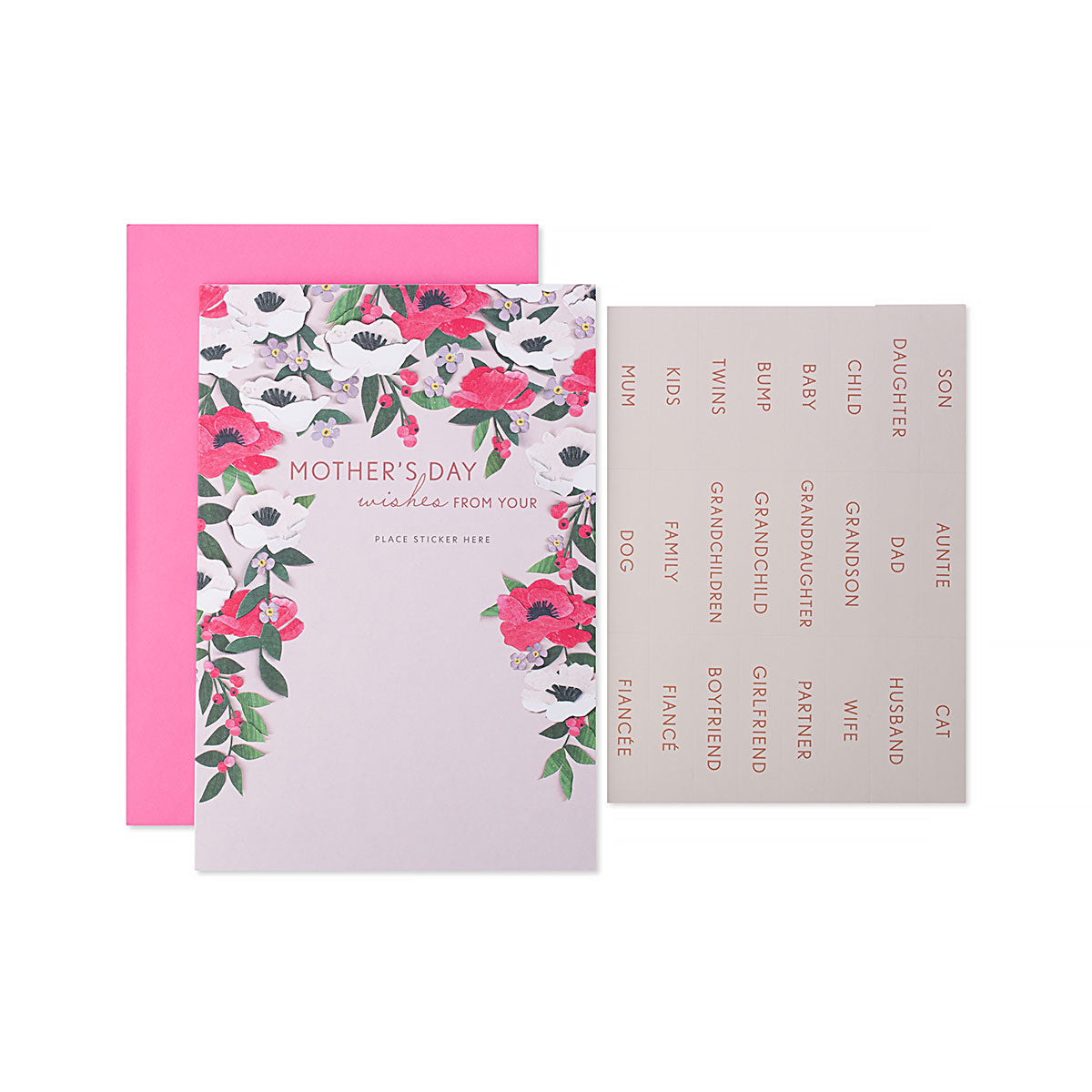 Hallmark Mother's Day Card - Personalise it with stickers included, floral design, pink envelope, flat lay with included stickers.