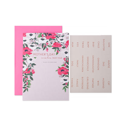 Hallmark Mother's Day Card - Personalise it with stickers included, floral design, pink envelope, flat lay with included stickers.