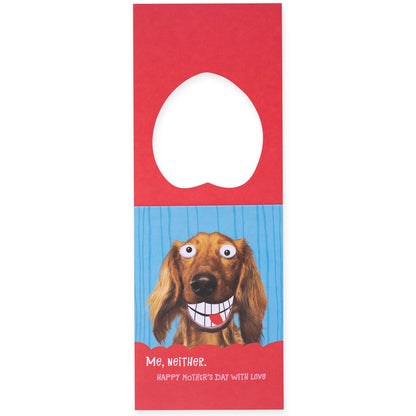 Hallmark Mother's Day Card - Growing Up, red card with a smiling Dachshund illustration and cut-out design, humorous inside message.