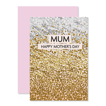 Hallmark Mother's Day Card - Gold Shimmer featuring gold and bronze foil design with pink envelope, flat lay presentation.