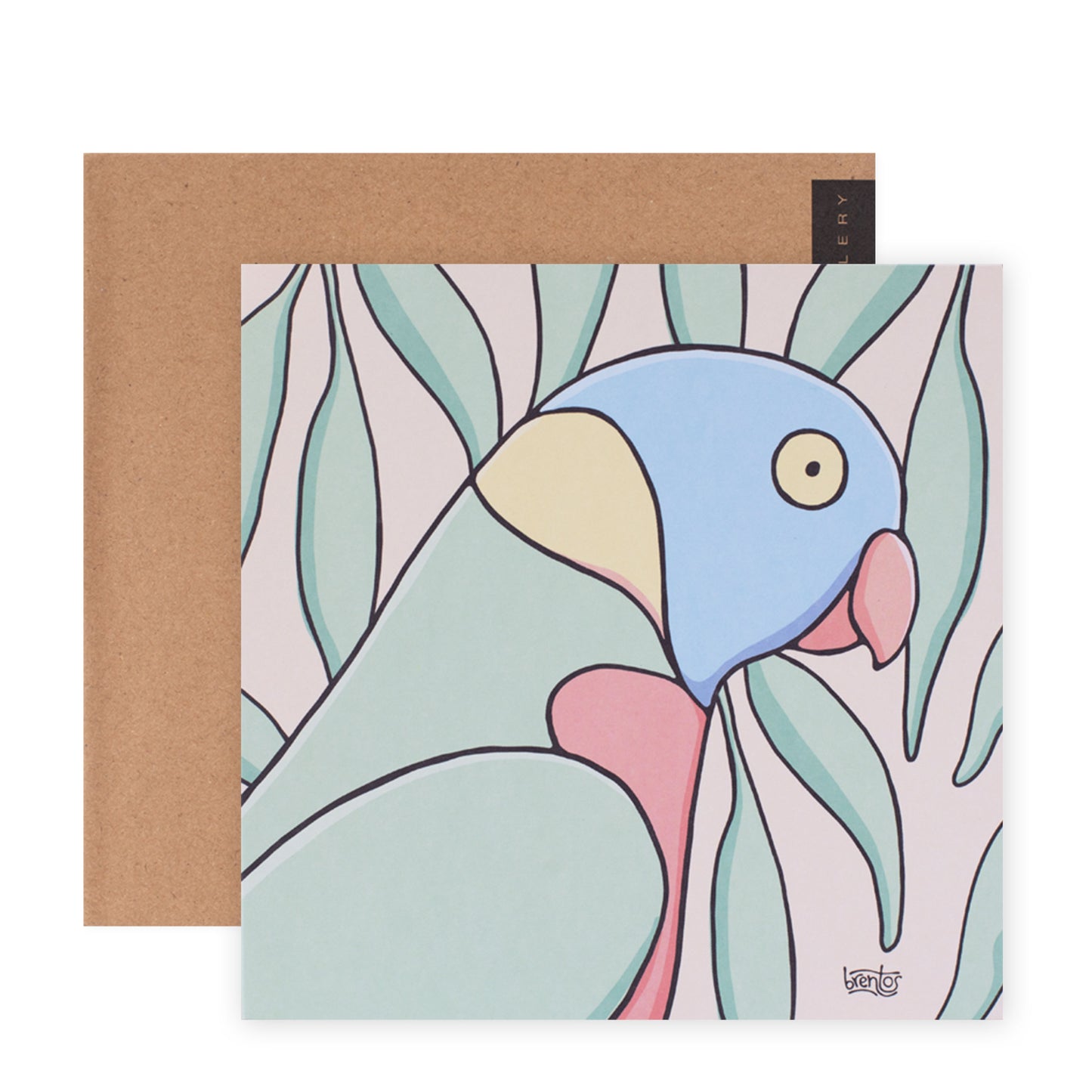 Hallmark x Brentos Gallery Blank Greeting Card - Rainbow Lorikeet with light blue and pink artwork against leafy background