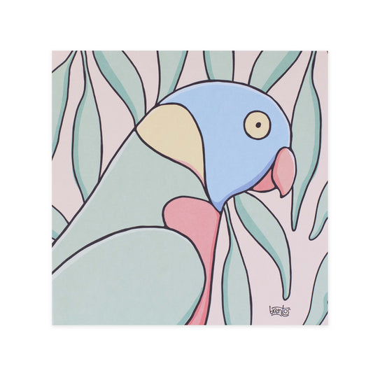 Hallmark x Brentos Gallery Blank Greeting Card - Rainbow Lorikeet featuring a vibrant illustration of a lorikeet with soft pastel colours against leafy background.