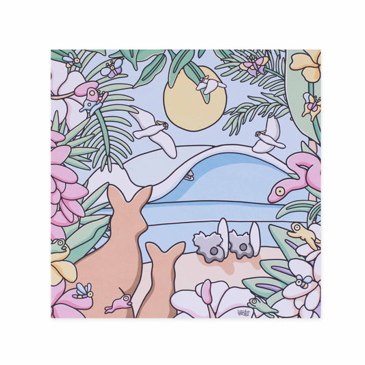 Hallmark x Brentos Gallery Blank Greeting Card - Tropical Australian Beach featuring vibrant wildlife, coastal scenery, and floral details.