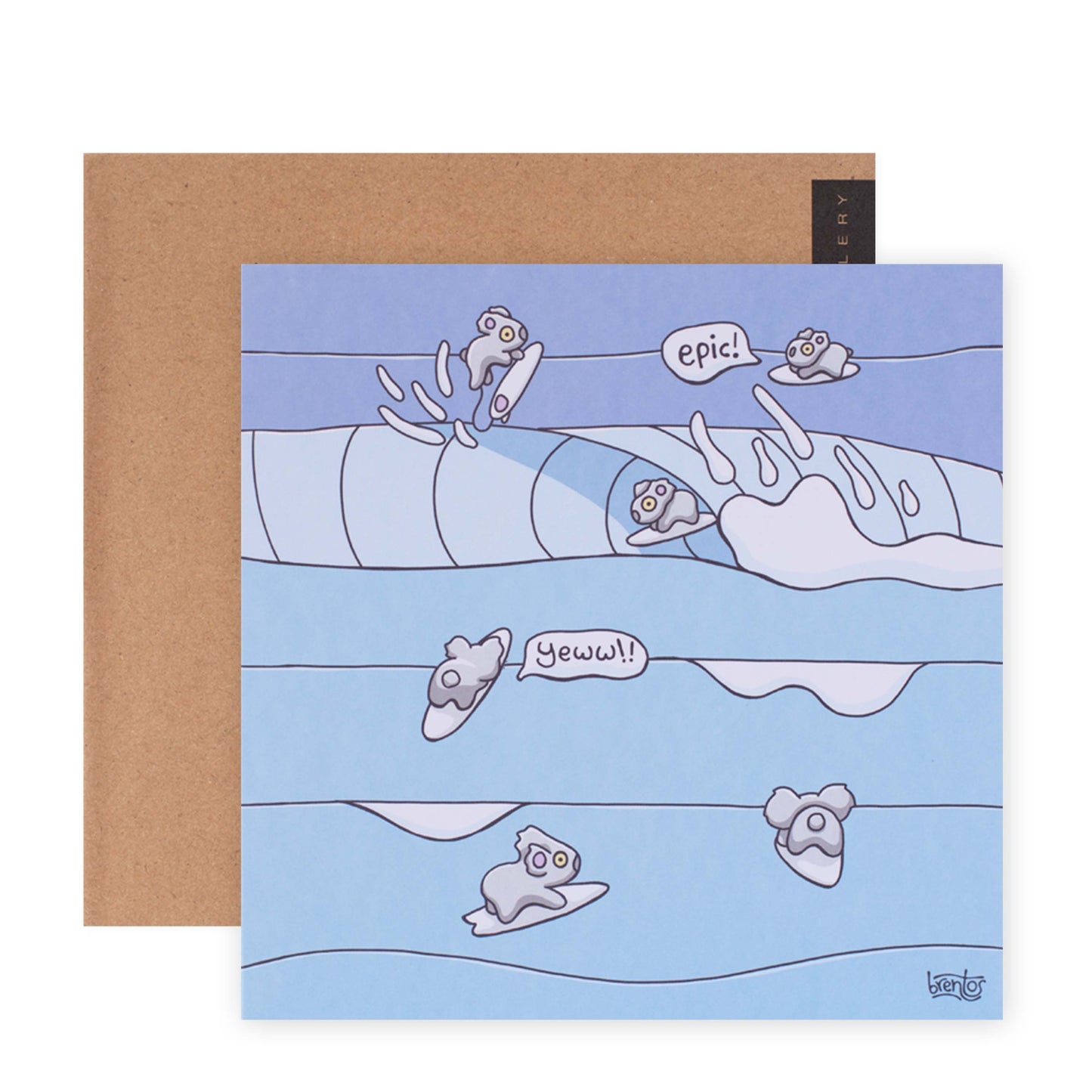 Hallmark x Brentos Gallery Blank Greeting Card - Surfing Koalas features vibrant illustrations of koalas surfing on waves, flat lay view with brown kraft envelope.