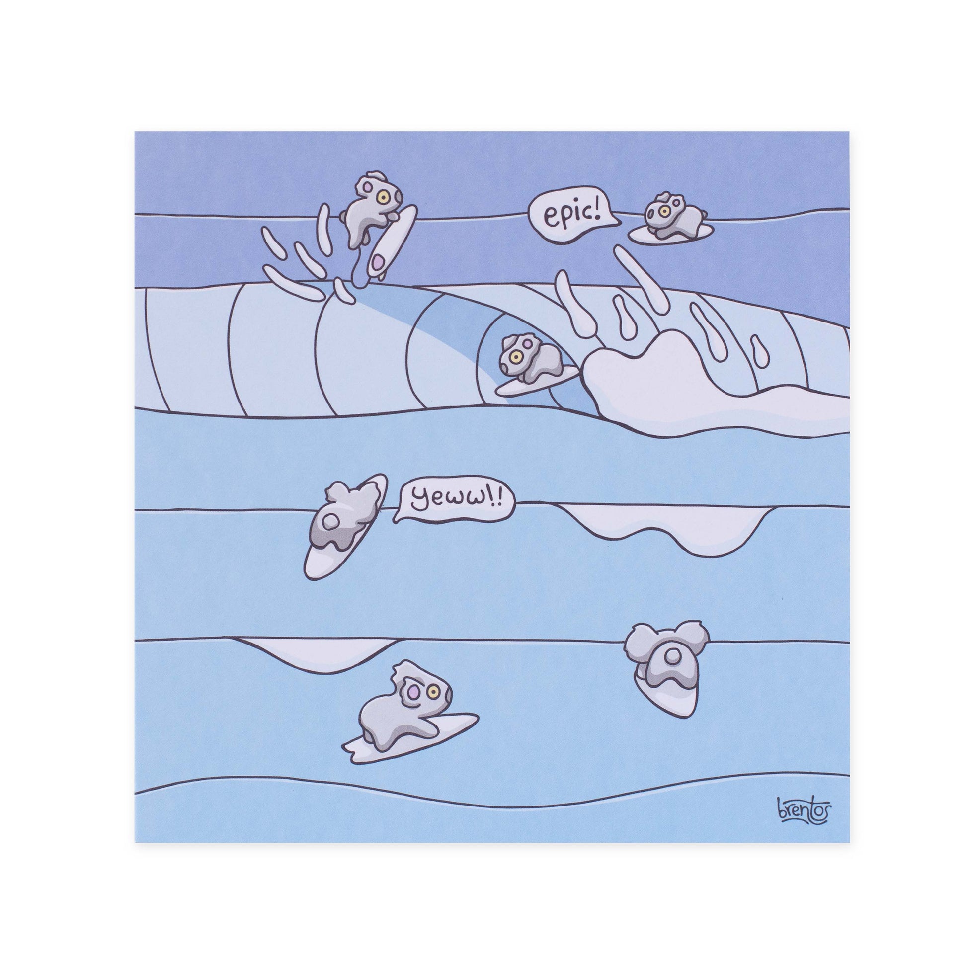 Hallmark x Brentos Gallery Blank Greeting Card - Surfing Koalas featuring colourful surfing koalas in a vibrant ocean scene