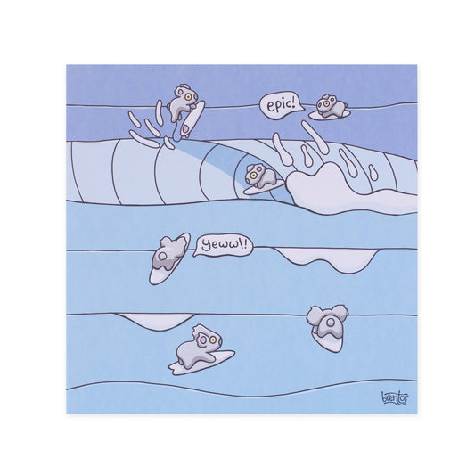 Hallmark x Brentos Gallery Blank Greeting Card - Surfing Koalas featuring colourful surfing koalas in a vibrant ocean scene