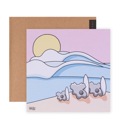 Hallmark x Brentos Gallery Blank Greeting Card - Surfing Koala Family with minimalist coastal design and pastel colours, flat lay view.