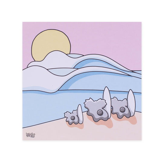 Hallmark x Brentos Gallery Blank Greeting Card - Surfing Koala Family featuring pastel landscape art with surfboards and a setting sun, flat lay view.