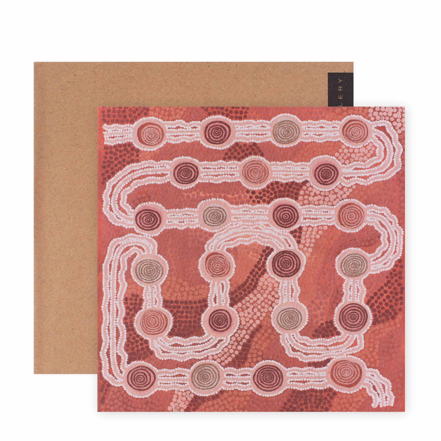 Hallmark x Emma Stenhouse Gallery Blank Greeting Card - Journey Through The Dessert, featuring intricate Indigenous artwork in warm tones, angled view with kraft envelope.